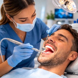 Dental hygienist performing professional Teeth Cleaning in Glendale for a relaxed patient
